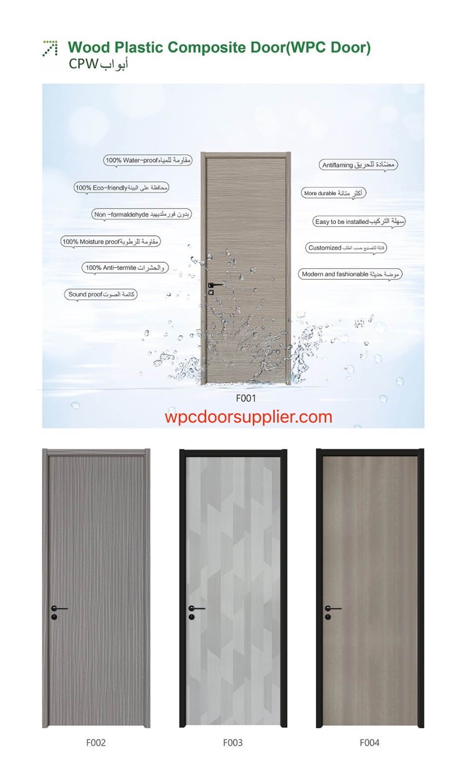 CE & ISO certified waterproof full WPC door, 35-45mm thick, factory direct price, custom sizes/colors/finishes, bulk supplier from China.